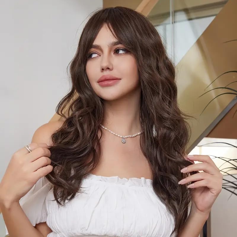 Image of Long Wavy Brown Wig with Bangs for Women | Full Head Synthetic Hair Wig | (Pack of 1) WigCap & Comb | Washable | Natural Looking Hair Loss Solution Alopecia Hair Wigs