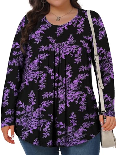 Plus Size Tops for Women Fall Long Sleeve Shirts Crew Neck Casual Loose Tunic Blouse 1X-5X2