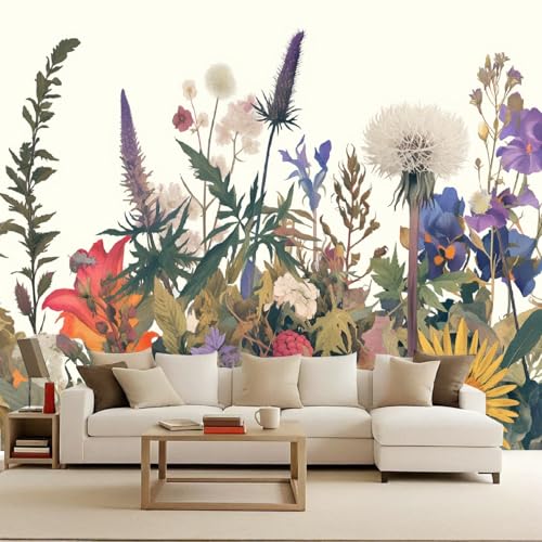 Papel Pintado Flores Colorida Acuarela Plantas 200x140 cm Efectos 3D Papel Tapiz Fotográfico Tejido No Tejido Mate Póster Fotomurales Decoración Pared Para Dormitorio Salón Decorativos Murales