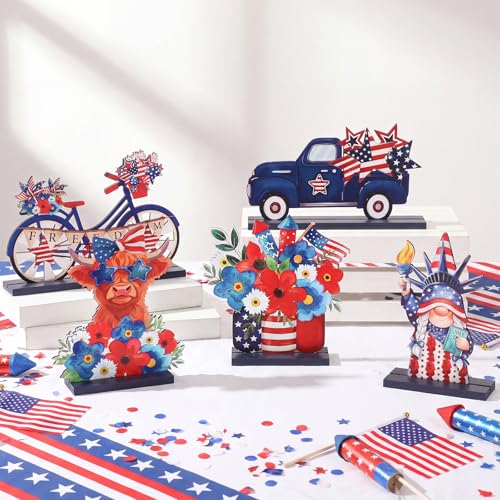Image of Jetec 5 Pcs Patriotic Table Decorations 4th of July Wooden Table Centerpieces Red White Blue Gnome Wood Sign for 250 Years Anniversary Veterans Memorial Day Independence Day Home Decor (Fashion)
