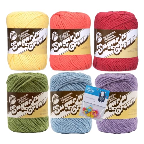 Image of Lily Sugar'n Cream 100% Cotton Yarn 6-Pack Bundle with Bella's Crafts Stitch Markers (Spectrum)