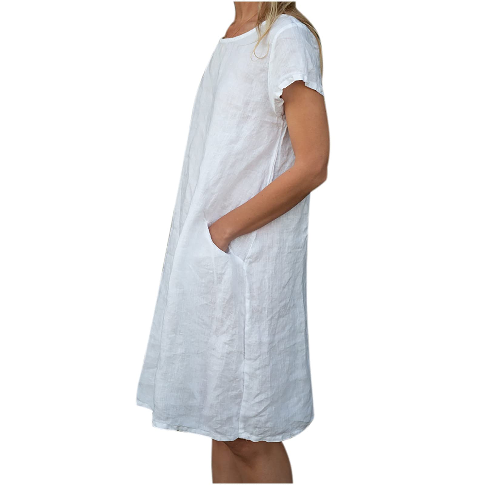 baskuwishWomen's Loose Round Neck Cotton and Linen Short Sleeved White Dress Mid-Length Skirt with Pockets