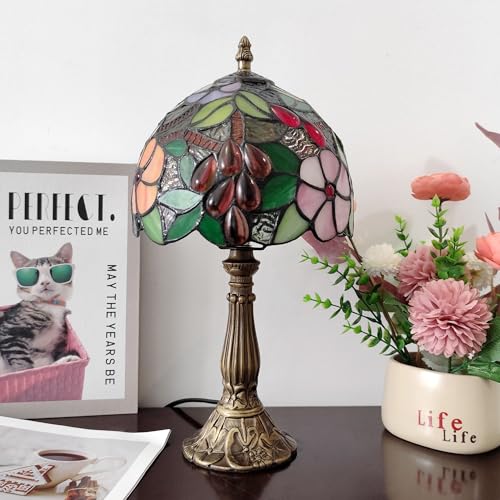 Image of Tiffany Table Lamp 3-Way Tiffany Style Desk Lamp Small Stained Glass Lamp Antique Light Home Bedroom Bedside Lamp Retro Reading Decoration Lamps (Grapes Flowers Style)