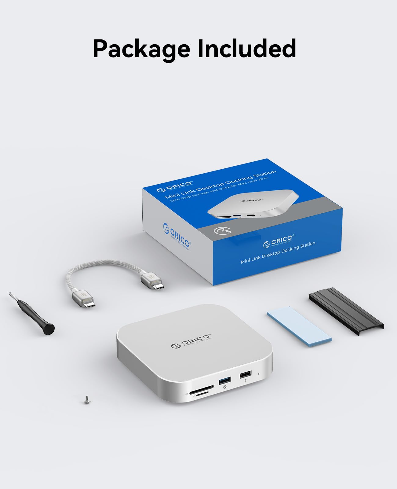ORICO MiniLink Mac mini M4 Hub z obudową SATA SSD, port USB 3.0 5 Gb/s, czytnik kart SD 3.0/TF 3.0, gniazdo słuchawkowe 3,5 mm i gniazdo mikrofonowe (M410P)