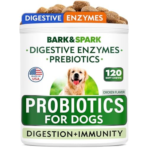 Bark&Spark Dog Probiotics & Digestive Enzymes (Gut Health) Allergy & Itchy Skin – Pet Diarrhea Gas Treatment Upset Stomach Relief, Digestion Health Prebiotic Supplement Tummy Treat (120Ct Chicken)