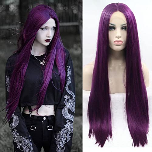 Xiweiya Dark Purple Long Silky Straight Hair Wigs Synthetic 13 * 3 Lace Front Wigs Middle Part Heat Resistant Hair Natural Hairline Cosplay Wigs