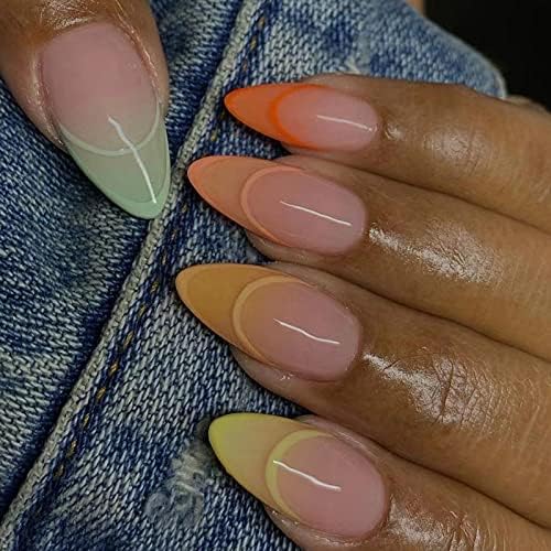Press on Nails Mediumt Nude Fake nails Glossy Almond False Nails with Multicolor Design Acrylic Nails for Women and Girls 24Pcs