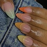 Press on Nails Mediumt Nude Fake nails Glossy Almond False Nails with Multicolor Design Acrylic Nail
