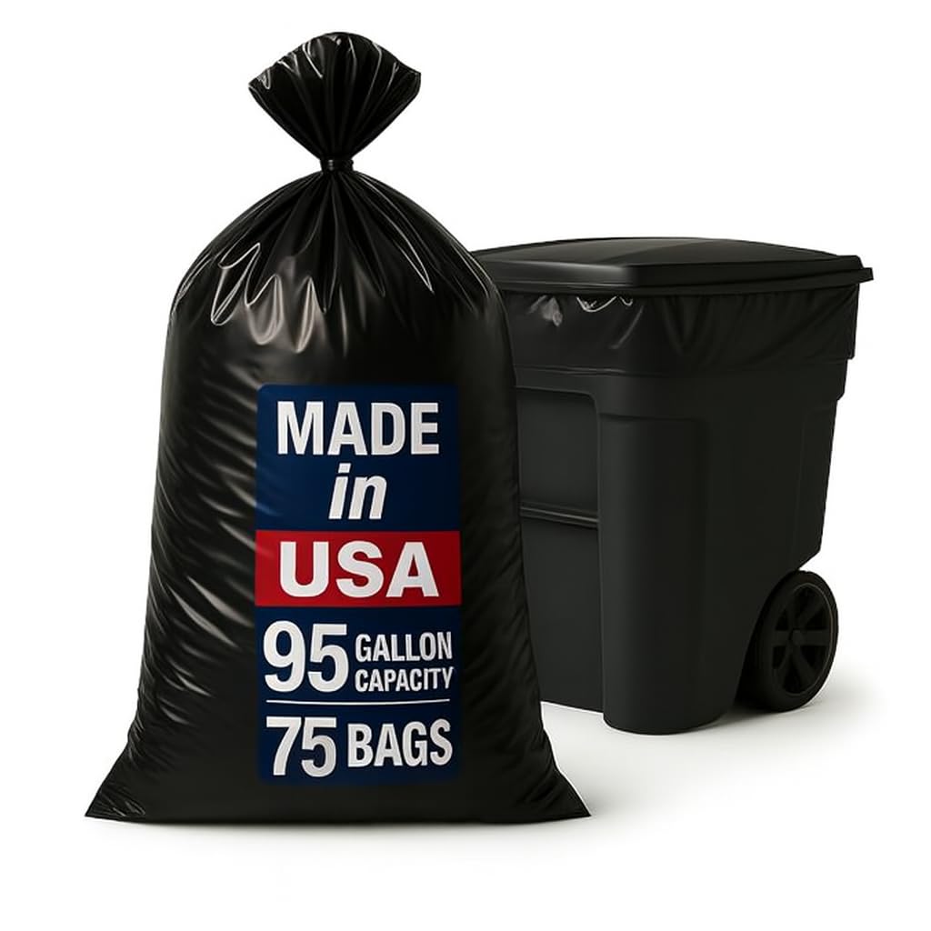 95-96 Gallon Extra-Large Black Garbage Can Liners, Heavy-Duty Trash Bags, 75 Bags, 1.5 Mil Thick, Ideal for Commercial & Home Use