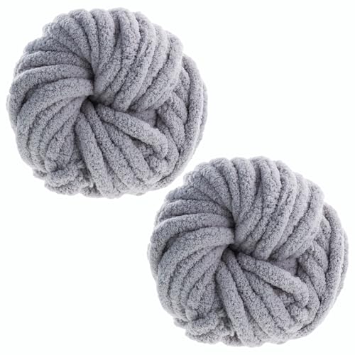 Chunky Yarn for Hand Knitting, 250g x 2 Super Chunky Blanket Yarns, Flutterby Chunky Wool for Crochet, 2cm 88Ft Length Soft Thick Chunky Yarn for Dolls Pet Bed Rug Bags Hats Pillow Cushions Gray