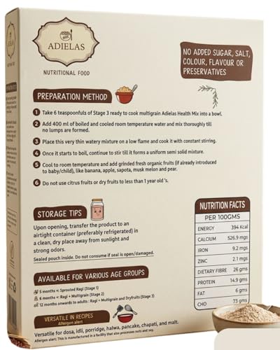 Image of ADIELAS Stage 3 Sprouted Ragi Multigrain Mix for 1+ Years | Pediatrician Formulated | With Dry Fruits, Grains & Pulses | 400 g