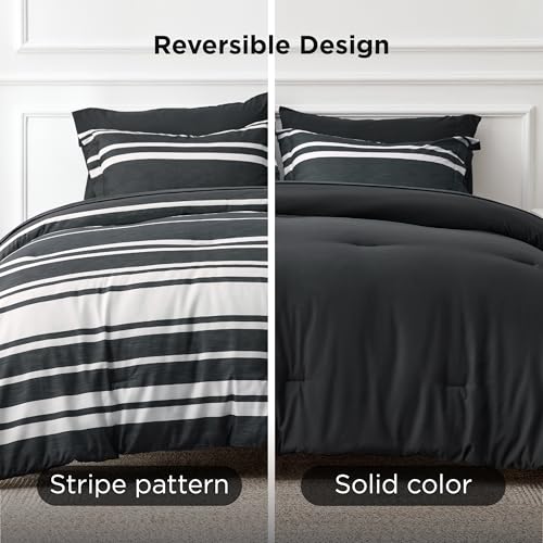Image of Bedsure Twin Comforter Set 5 Pieces, Black Striped Bedding Set for All Seasons, Reversible, Cationic Dyeing Bed in a Bag with Comforter, Sheets, Pillowcase & Sham