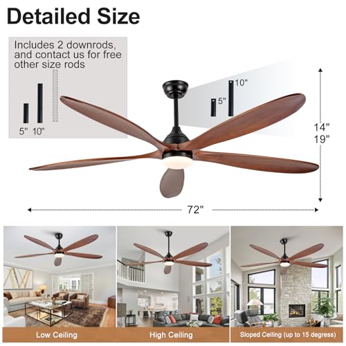 Image of 72 Inch Solid Wood Outdoor Ceiling Fans with Lights and Remote,Walnut 5 Blades,Dimmable,6 Speed Quiet DC Motor, Indoor Outdoor Ceiling Fan for Patios Bedroom Living Room