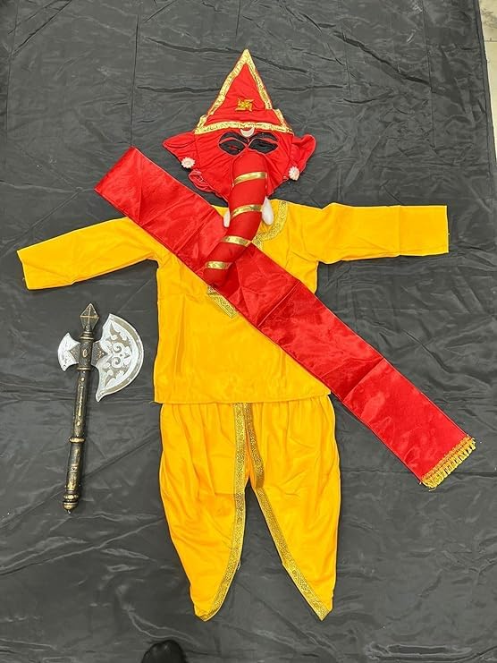 KKALAKRITI Kids Costume | Ganesh ji Vinayak Fancy Dress Costume With Cloth Mask with Ganesha Pharsa | Ganesh Chaturthi Fancy Dress Costume Accessories for Kids Festival (3-4 Yr) (B0D56RPZNX) Amazon Price History, Amazon Price Tracker