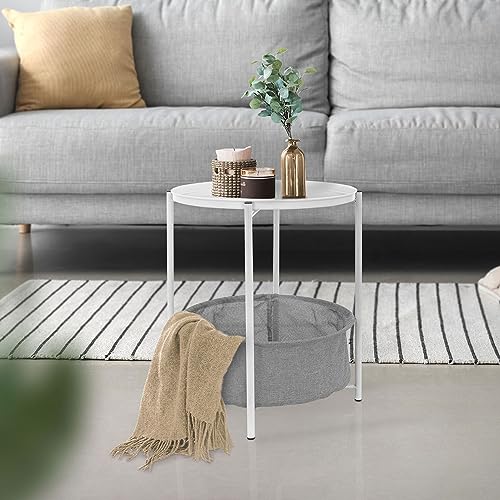 ML-Design Mesa Auxiliar Redonda Ø 46 x AL 51 cm Blanca de Metal Mesita de Centro con Cesta de Tela y Bandeja Extraíble Velador con Almacenamiento Mueble de Diseño Moderno Mesilla de Noche Pequeña