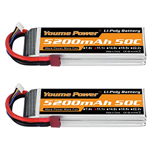 Youme Power 2 Pack 11.1v Lipo Batteria 5200mAh, 3S Lipo Batteria 50C con Deans T Plug per RC Auto / Camion, Barca, Drone, Buggy, Truggy, Elicottero RC, RC Airplane, UAV, FPV (Short)