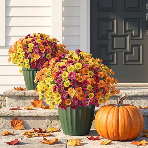 Image of HyeFlora Artificial Mums for Outdoors Fall Decor, 6 Bundles Fake Flowers UV Resistant Realistic Faux Flowers Bouquet Silk Flowers for Outside Planter Porch Patio Garden Yard Balcony Home, Mix