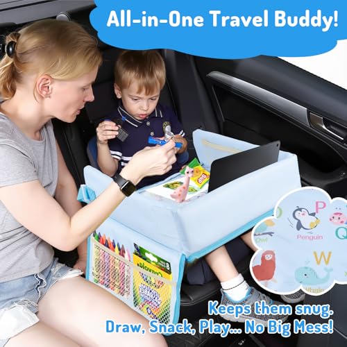 Image of Car Seat Tray for Kids - Toddler Travel Essential Car Activity Table, Waterproof Snack Tray for Eating, Lap Desk Organizer, Airplane Travel Essentials, Girl Boys Car Accessories - Blue