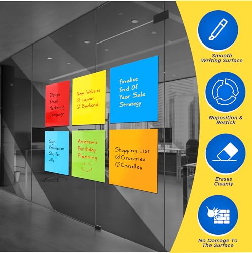 Image of SOLO Whiteboard Sticky Notes (10x10 cm, Pack of 6) - Reusable, Washable & Restickable up to 2000 Times with Magnetic Marker - Multicolor Notes for Office, School & Home