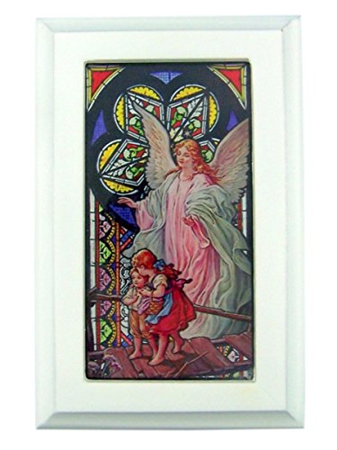 Jewelry Music Box Catholic Religious Guardian Angel Stained Glass White Wood Musical Jewelry Box, 6 1/2 Inch