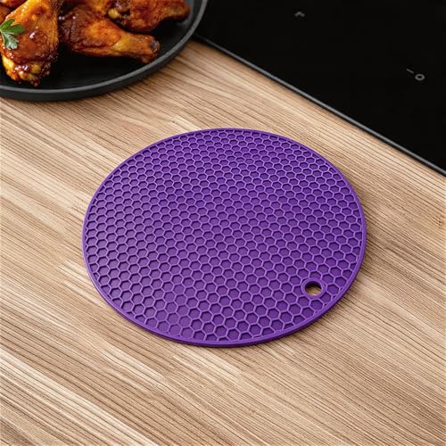 Image of Silicone Trivet Mats,Heat Resistant Pot Holders, Multipurpose Non-Slip Hot Pads for Kitchen Potholders, Hot Dishers, Jar Opener, Spoon Holder, Food Grade Silicone(Purple Size Round 7''x7'')
