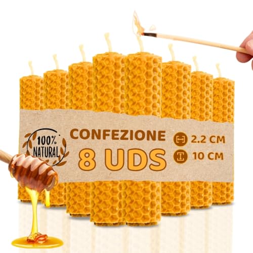 Candele Cera d'Api Naturale 100% al Miele per Riti - Fatto a Mano, Senza Parafina né Sostanze Chimiche (Pack 8, 10 x 2,2 cm)
