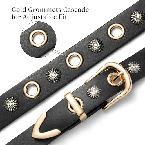 Black Studded Belt for Women, Fashion Grommet Belt with Gold Buckle for Jeans Pants4