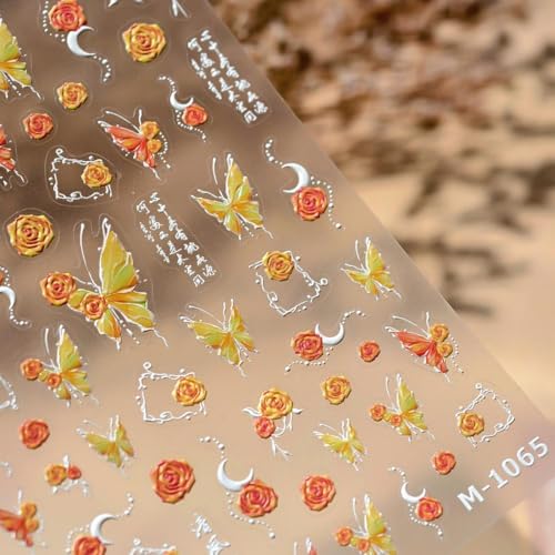 Image of Orange Nail Stickers Butterfly Flower Nail Art Decals 5D Embossed Slf Adhesive with Design Nails Charms for Women Girls Kid Manicure DIY Decoration