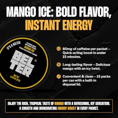 Image of BELTER - Mango Ice - Caffeine Pouches - 15 Count - Fast-Acting - Zero-Calorie Energy Boost - 96mg Caffeine Per Pouch - Ideal for Sports, Gym, Gaming, & Work