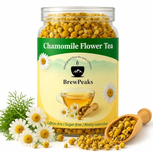 Image of BrewPeaks Organic Chamomile Flower Tea | 100% Natural Dried Flowers | Caffeine-Free Herbal Tea for Relaxation, Better Sleep, Calming Mind & Digestion Support | Anti-Inflammatory Loose Tea (25g)