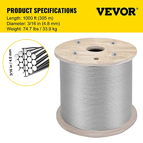 BestEquip 3/16 Stainless Steel Cable 1000FT, T316 Marine Grade Wire Rope 1x19 Aircraft Cable Railing for Deck Rail String Lights Hanging Porch Fence DIY Baluster