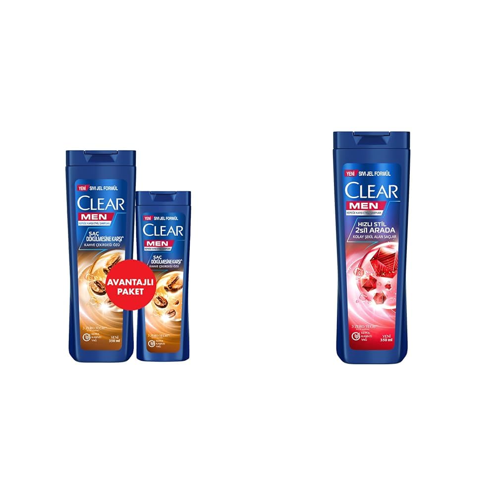 Clear Men Kepeğe Karşı Etkili Şampuan Saç Dökülmesine Karşı Kahve Çekirdeği Özü (350 ml + 180 ml)(1)Clear Men Kepeğe Karşı Etkili Şampuan Hızlı Stil 2'si 1 Arada Kolay Şekil Alan Saçlar 350 ml Mavi(2)