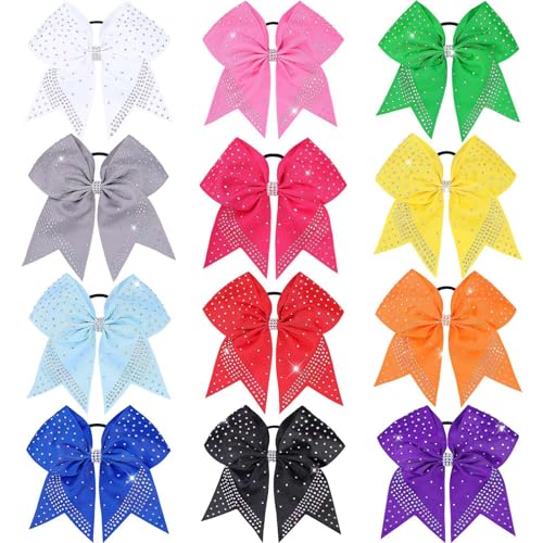 Oaoleer 12PCS Glitter Cheer Hair Bows for Cheerleading 7inch Large Jumbo Cheer Bow with Ponytail Holder for Teen Girls Softball Cheerleader (Multicolor)