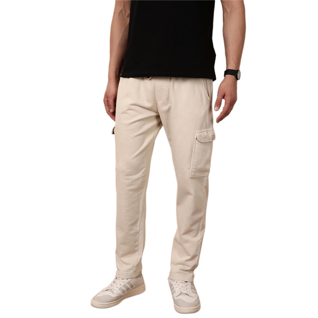 WROGN Men's Pure Cotton Terry Cargo Joggers | Acid Wash Finish | Relaxed Fit in neutral