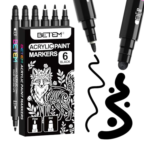 Betem 6 Black Dual Tip Acrylic Paint Markers Fabric Decorating Kits Premium Water-Based Acrylic Paint Pens Art Supplies for Fabric Rock Wood Glass Canvas Ceramic Teacher Appreciation Gift