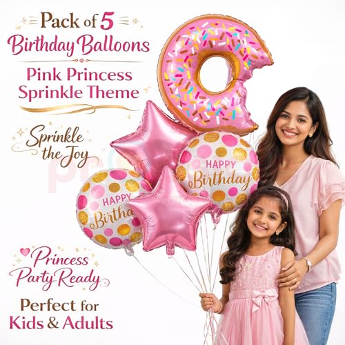 Image of Propsicle Donut Theme Birthday Balloons for Girls, Pack of 5 - Pink Princess Sprinkle Party Decoration, Photo Backdrop Decor for Kids & Adults