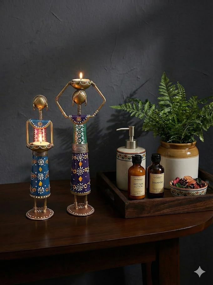pranjals house Handcrafted Metal Tribal Art Table Decor Figurine Set of 2 | Candle Holder & Diya Stand | Ethnic Home Decor for Living Room, Festive Decoration & Gifting | (Size-10x2.5X 2.5Inches)-image-41