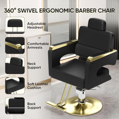 Image of Salon Chair for Hair Stylist, Barber Chair with Heavy Duty Hydraulic Pump, Stylist Chair for Barbershop, Silla de Barberia 360 Degrees Rolling Swivel Spa Beauty Equipment for Hair Stylist, Black /Gold