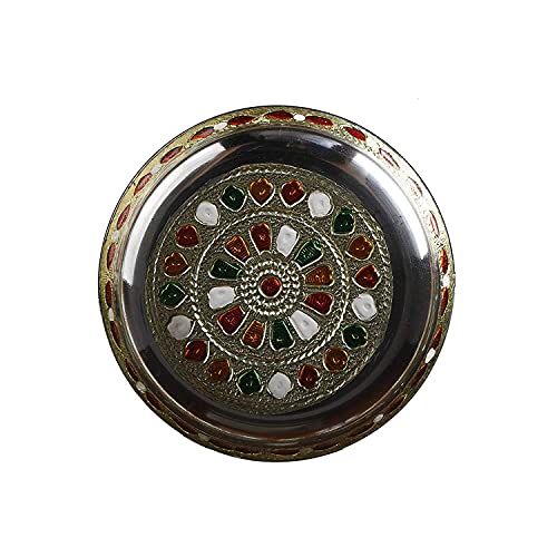Image of GUG Laddu Gopal ji ke Bartan /Pooja bhog thali Small 4 pcs set Multicolor Bhog Thali with Glass Bowl and Spoon Stainless Steel