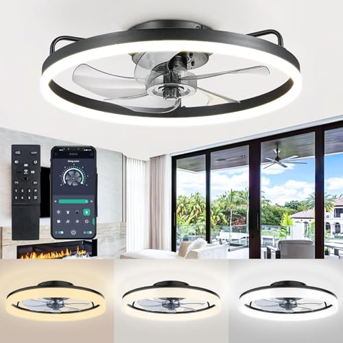 J.SUNUN Ventiladores para el techo con lámpara Negro Moderno Regulable Luz LED 6 Velocidades Con Mando A Distancia Lampara Ventilador Techo Silencioso Para Dormitorio Salón Iluminacion 50CM 19.7'