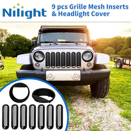 Image of Nilight Grill Inserts fit for Jeep Wrangler Front Grille Mesh Inserts & Headlight Cover Set for JK JKU Unlimited Sports Sahara Freedom Rubicon 2007-2018 Clip-in Trim Exterior Accessories Black 9 Pcs