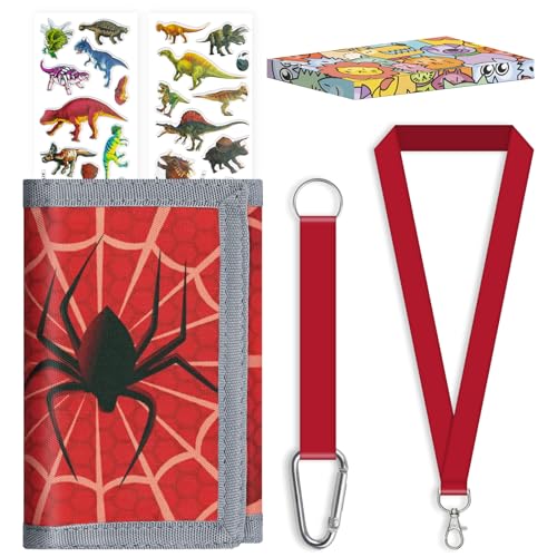 SUNDEE Kinder Geldbörse für Jungen und Mädchen, dreifach gefaltete Geldbeutel in Boxverpackung mit Aufklebern und Schlüsselband für Geschenke, Geldbörse mit Münzfach mit Reißverschluss (Spinnennetz)
