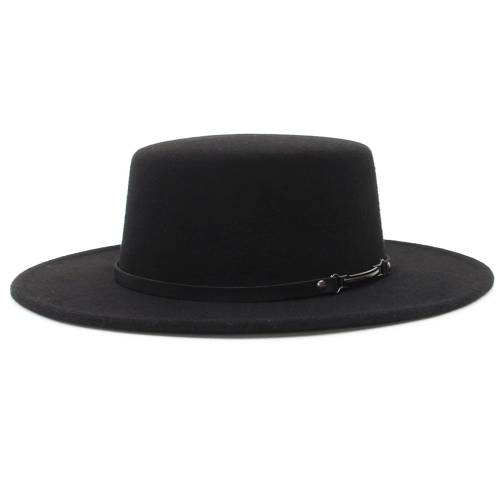 Womens Felt Bowler Boater Hat Vintage Wide Brim Flat Top Hat Buckle Belt Fedora Church Jazz Hat