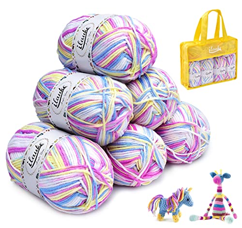 Laine Multicolore pour Tricot, ilauke 6*50g Pelotes de Laine à Tricoter à la Main Acrylique avec Sac de Rangement Réutilisable Jaune, Laine a Crochet pour...