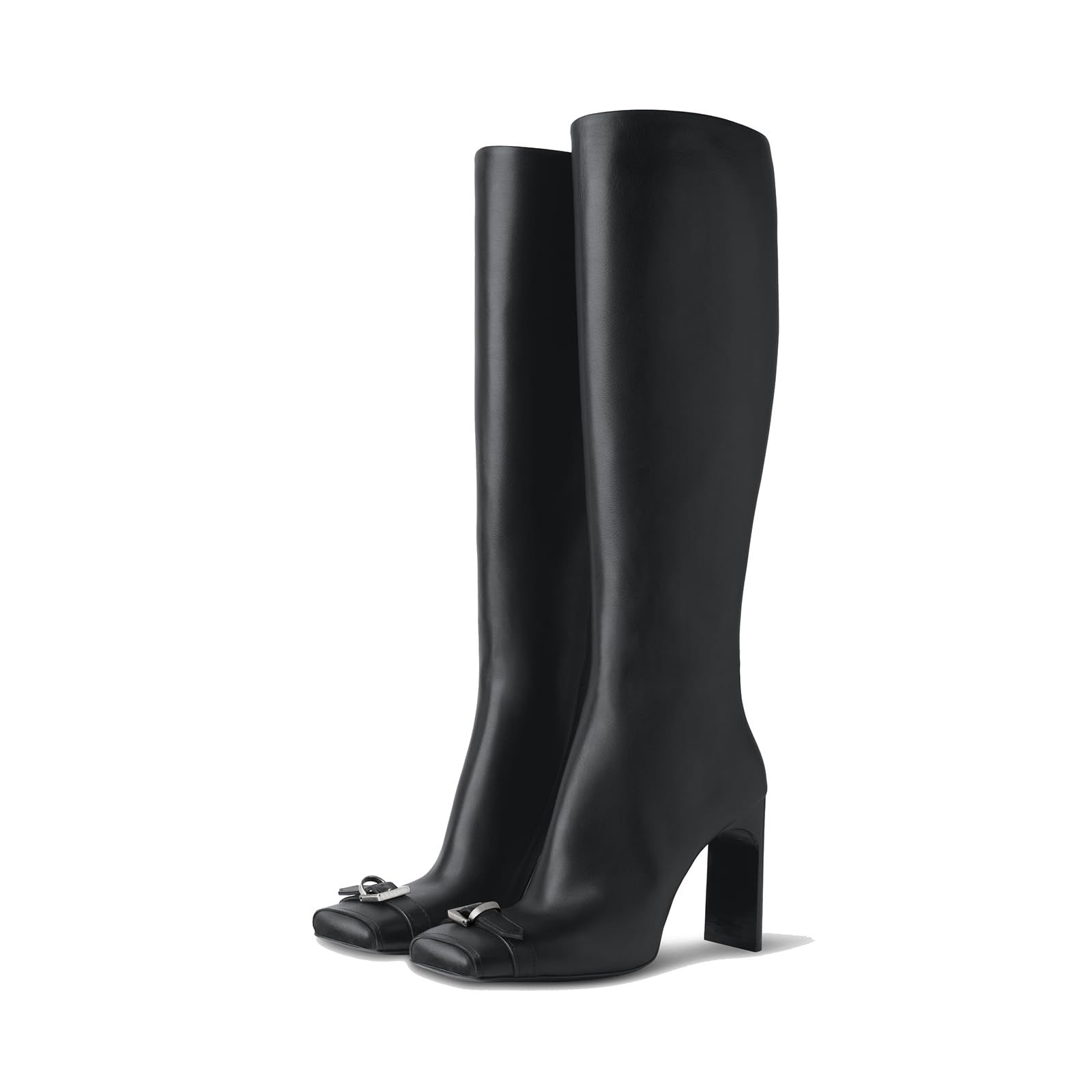 Womens Knee High Boots - Chunky Block Heel Square Toe Side Zipper Buckle Strap Decor Punk Fashion Black