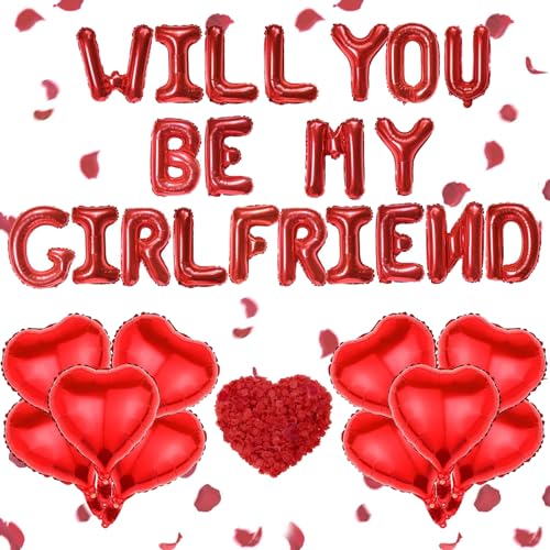 Will You Be My Girlfriend Balloons 16inch Balloon Letters Valentines Day Decorations Red Valentines Day Party Decorations Confetti and Heart Foil Balloon for Valentine Day Supplies