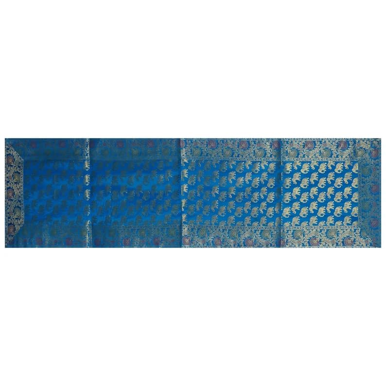 Image of Living Room Decor Handmade Banarasi Silk Table Runner for Center /Dining Table (16 x 60 Inches) (Heavy Zari Brocade ) (Turquoise)