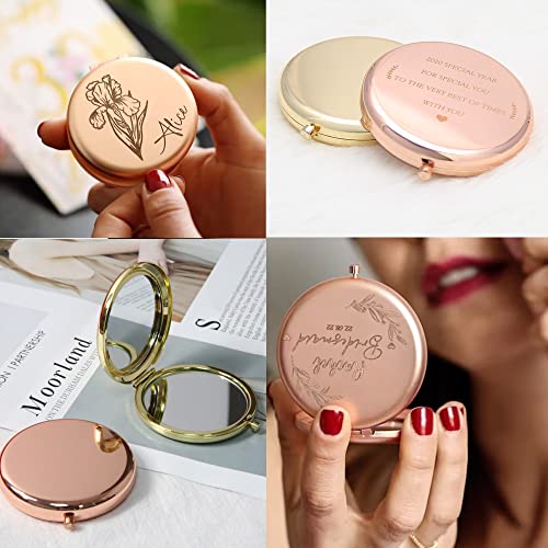 Personalized Birth Month Flower Theme Compact Mirror Custom Engraved Birthday Flower Gift Mirror for Girlfriend Mother Women,Wedding Favors Gifts for Bride Bridesmaid Bulk Travel Makeup Mirror