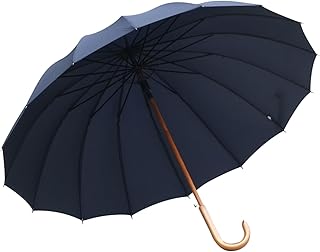 KTREZ Paraguas automático largo de 45 pulgadas, 16 varillas, paraguas de golf con mango en J de madera para agarre, ligero, premium, grande, doble madera maciza, mango largo