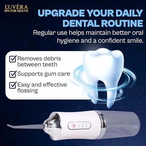 Image of L'UVERA Portable Water Flosser for Teeth, Cordless Oral Irrigator with 3 Cleaning Modes, 4 Jet Tips, 230ML Detachable Water Tank, USB Rechargeable Dental Flosser for Home & Travel (White /Green /Pink)